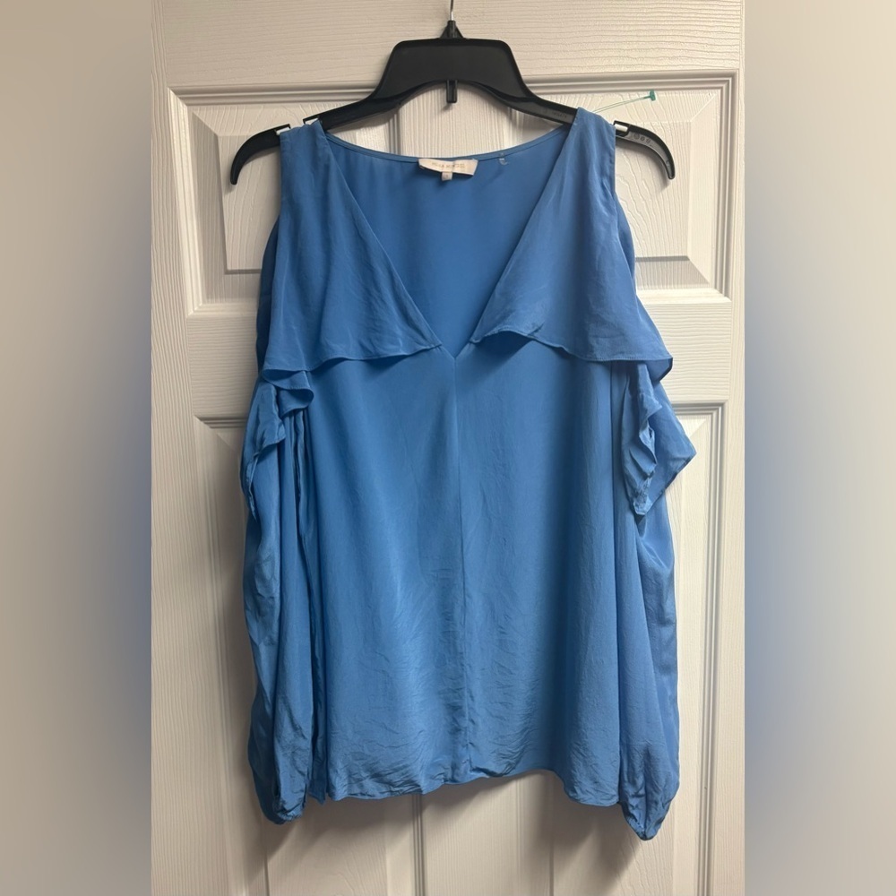 Mika Mindel Blue Designer 100% Silk Cold Shoulder Vienna Blouse Size Large